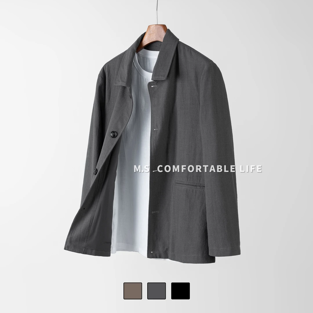 麻尚生活2025秋季棉麻外套复古休闲男士夹克翻领简约男单排扣上衣