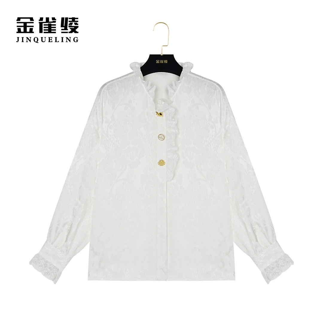 金雀绫【水滴玫瑰】新款洋气拼接蕾丝时尚喇叭袖衬衫B23111