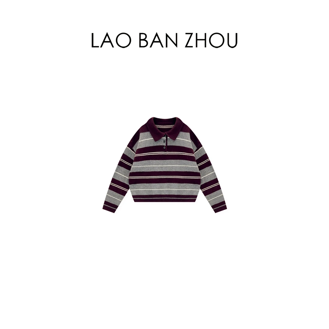 【老板周】松弛感 秋冬新品学院风翻领撞色条纹毛衣