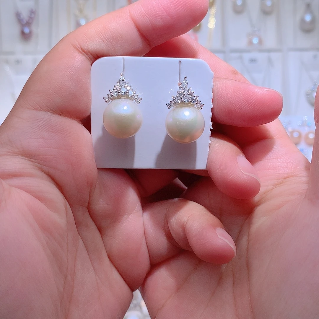 银S925镶嵌耳饰淡水珍珠CC12.5mm