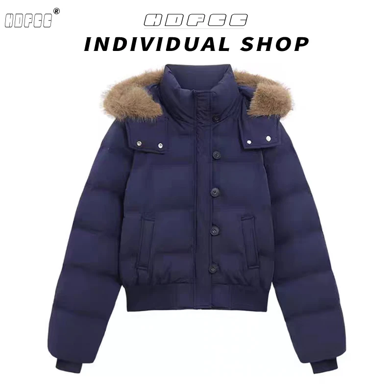 【现货】美式复古藏青连帽毛领棉服外套冬季加厚短款面包服棉衣棉袄