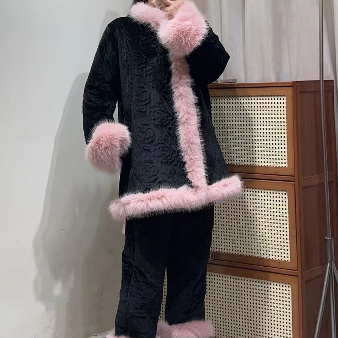 冬季三层夹棉加厚玫瑰提花名媛风可外穿女士家居服套装