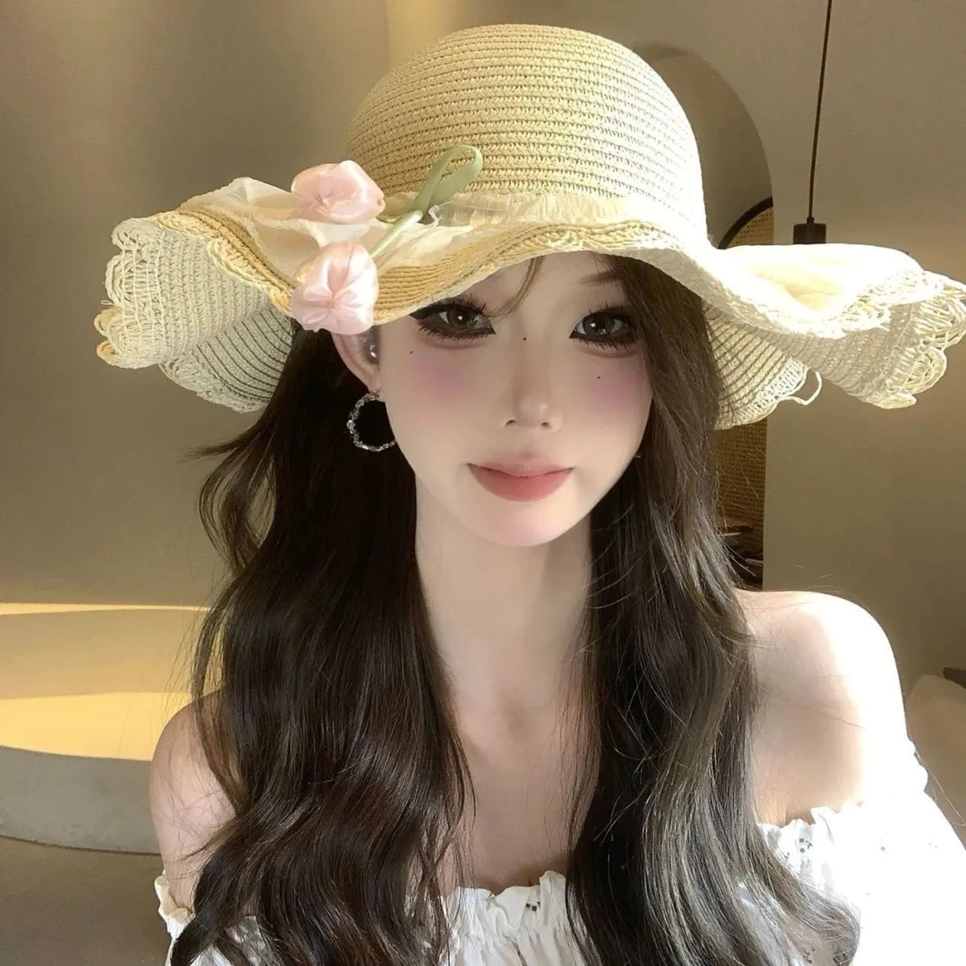 海边沙滩帽子遮阳太阳帽蕾丝草帽夏季遮阳帽花朵郁金香防晒公主zk