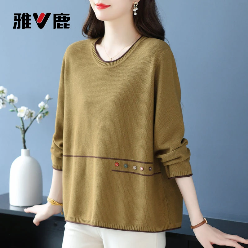 雅鹿胖妈妈秋季新款上衣加肥加大码洋气圆领针织衫宽松遮肚春秋恤