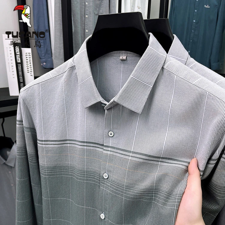 【棉+莱赛尔】啄木鸟秋季新款衬衫爸爸装长袖简约翻领修身衬衣休闲