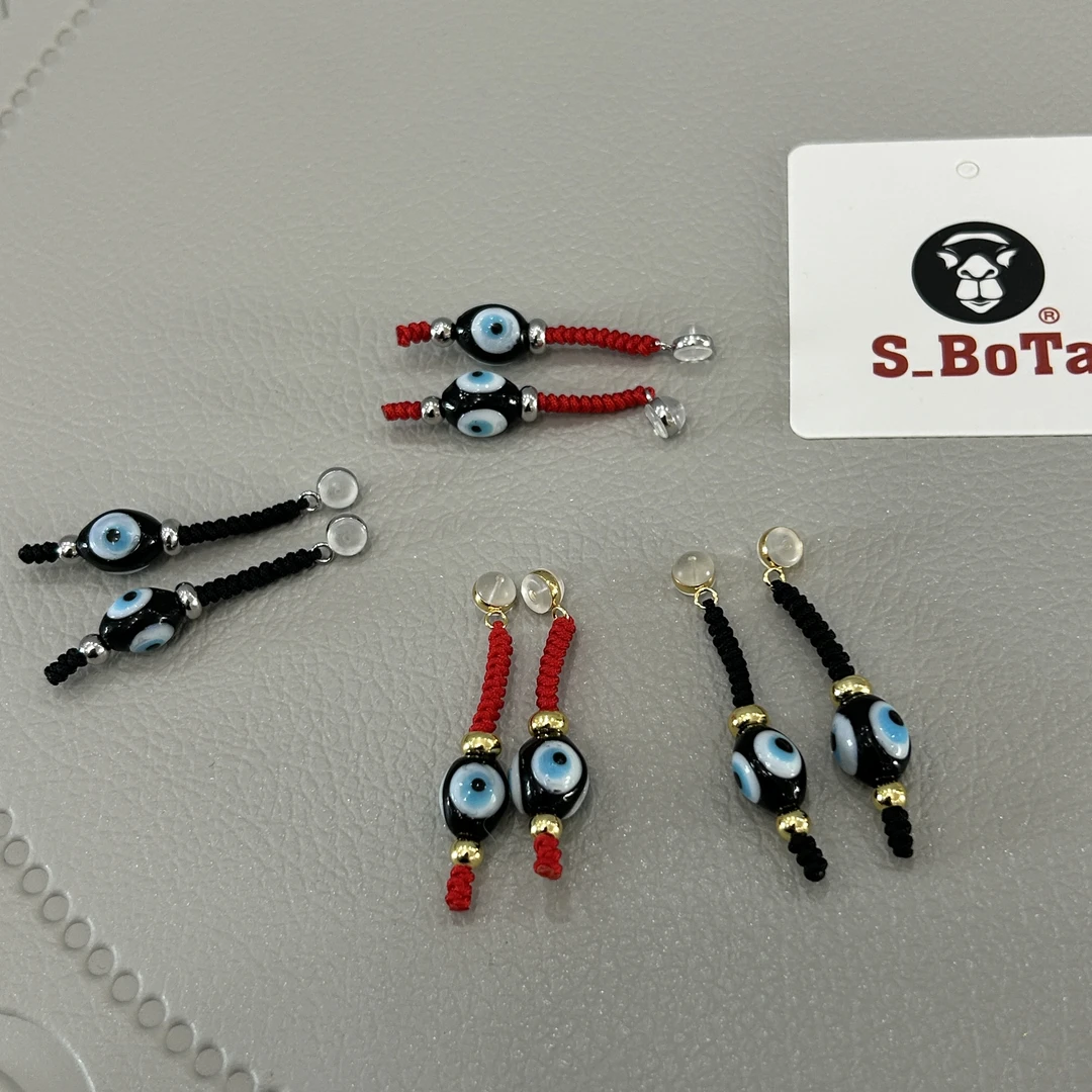 铜合金琉璃耳饰 蓝眼睛琉璃珠手工编绳线绳耳堵个性耳钉红色耳饰