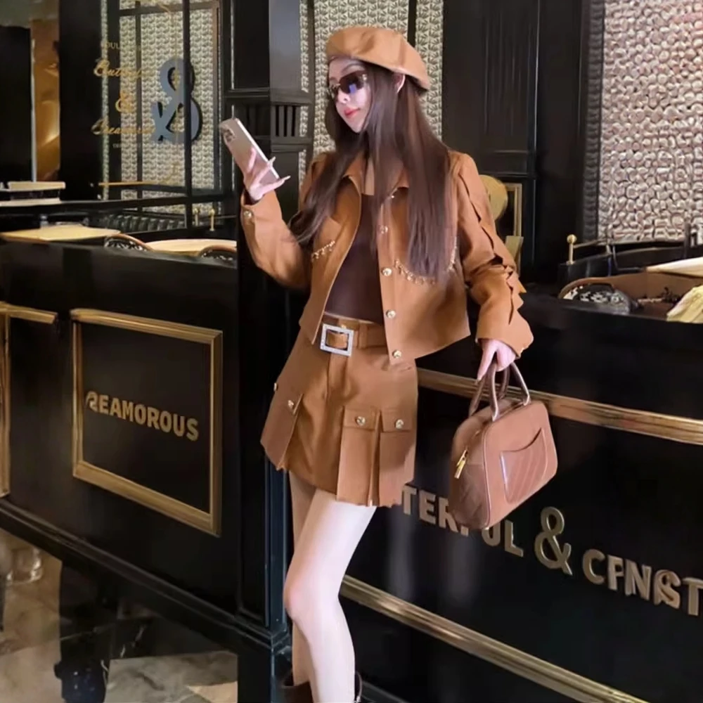 复古简约休闲工装套装裙女2025新款钉珠短款工装外套半身裙两件套