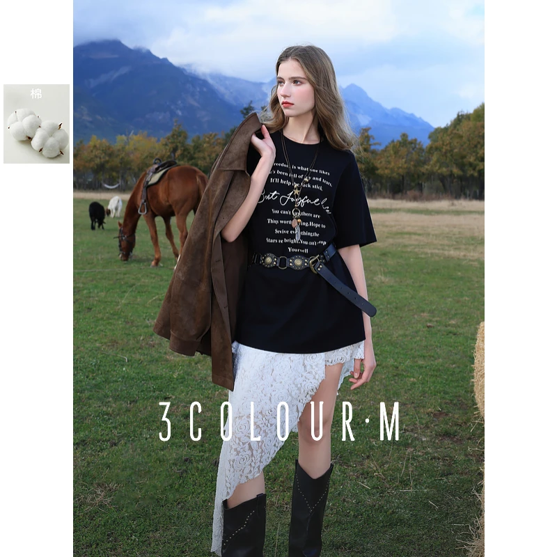 三彩2025春季新款字母印花T恤圆领宽松中袖上衣中长套头衫慵懒M