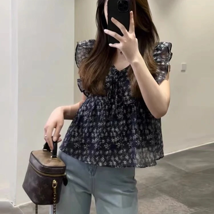 甜美碎花小飞袖衬衫女2024夏季新款法式高级感上衣荷叶边无袖小衫