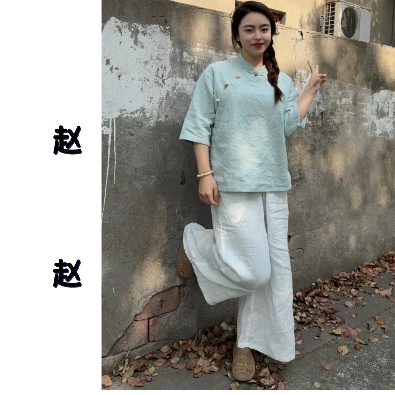 赵赵家【夏日冰沙】原创设计夏季纯亚麻盘扣新中式小衫