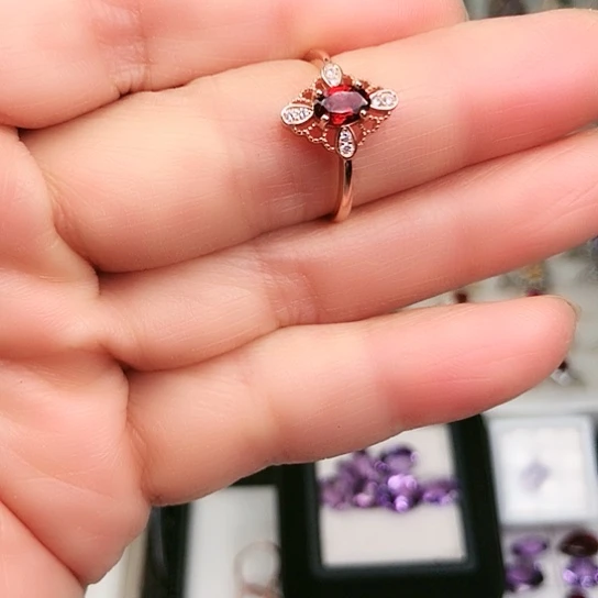 戒指石榴石银S925镶嵌