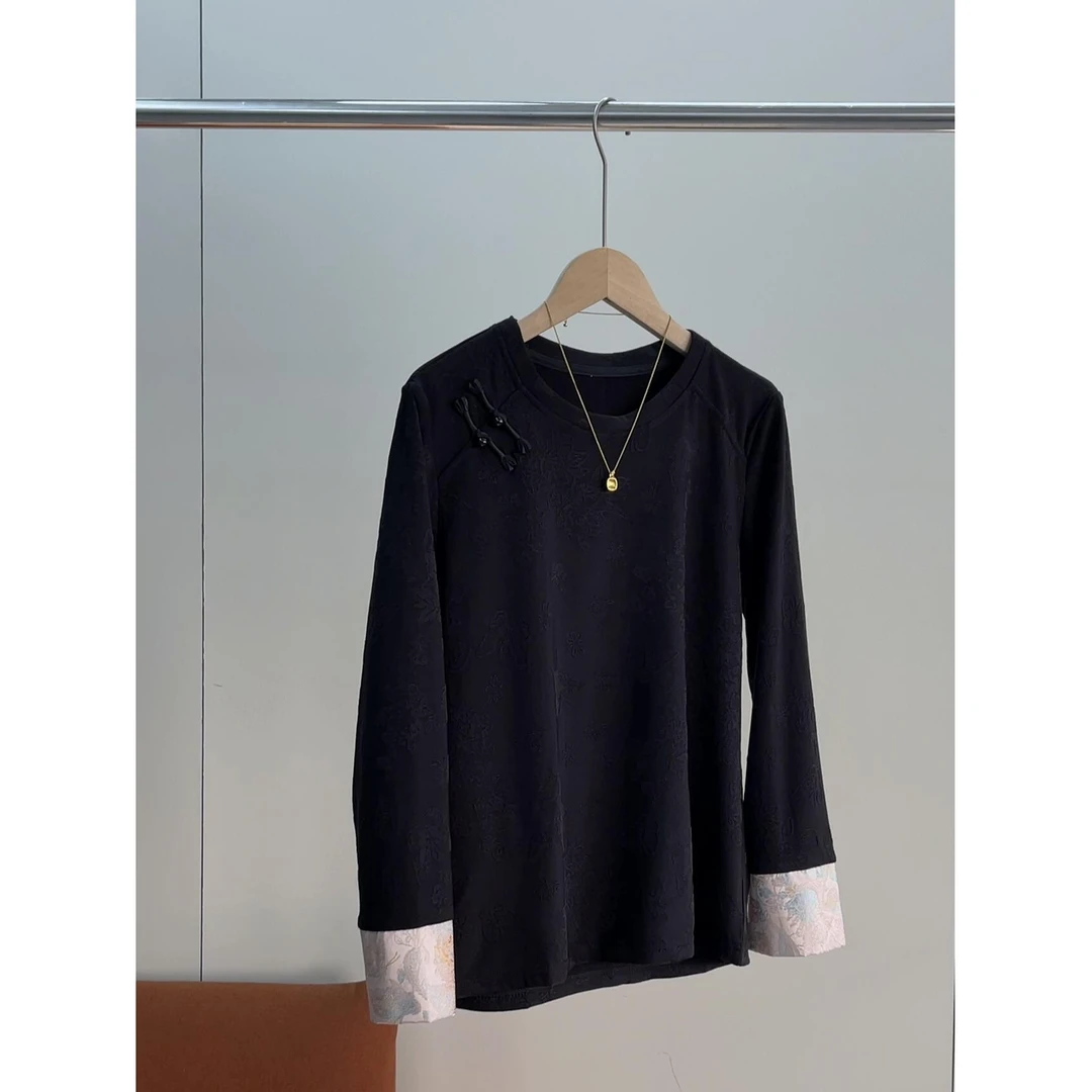 新中式国风蝴蝶提花圆领盘扣复古薄绒T恤内搭打底衫长袖上衣