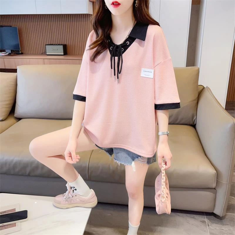 哥弟阿玛施正品华夫格系带POLO领短袖女夏小众t恤高中生宽松拼色