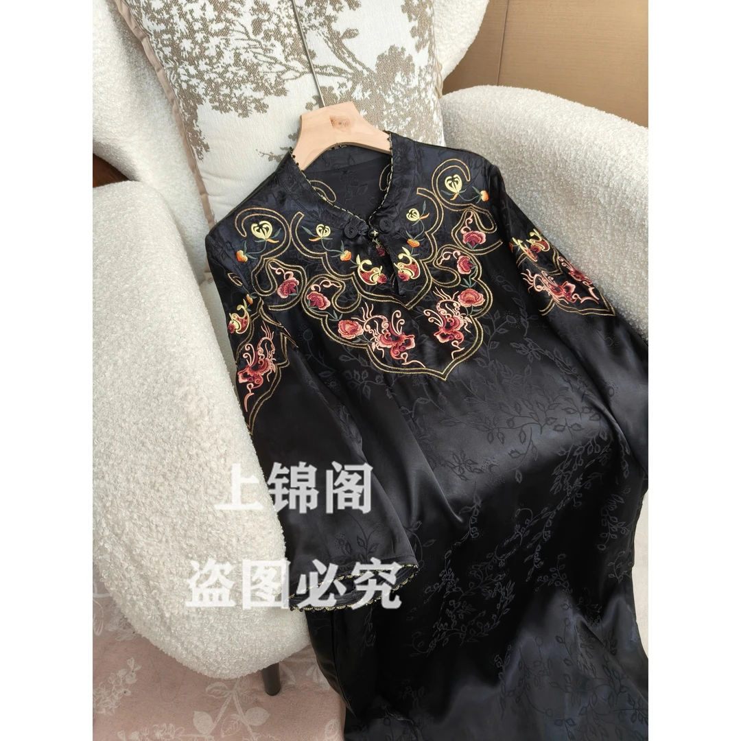 211中国风一粒扣刺绣口袋侧开叉连衣裙时尚黑色提花短袖中长款