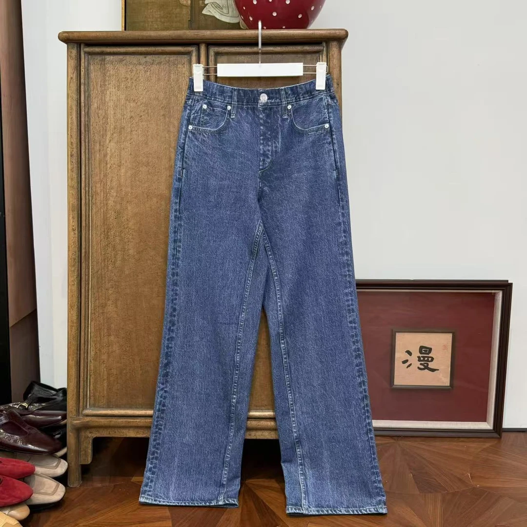 MYL2025春季新品纯棉深蓝色假牛仔裤中腰直筒纯色阔腿打底裤长裤