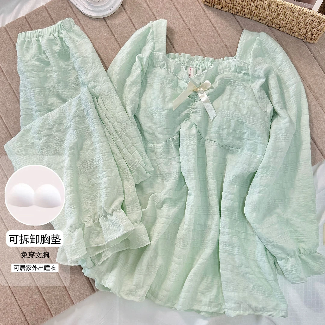 秋冬新款带胸垫长袖睡衣女云朵棉绉绉格甜美纯色长裤家居服套装