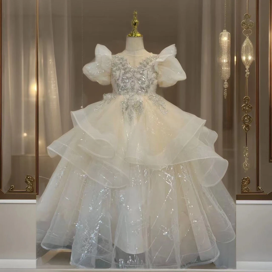 高定儿童晚礼服主持人生日钢琴婚礼花童走秀闪亮蓬蓬纱公主裙夏季