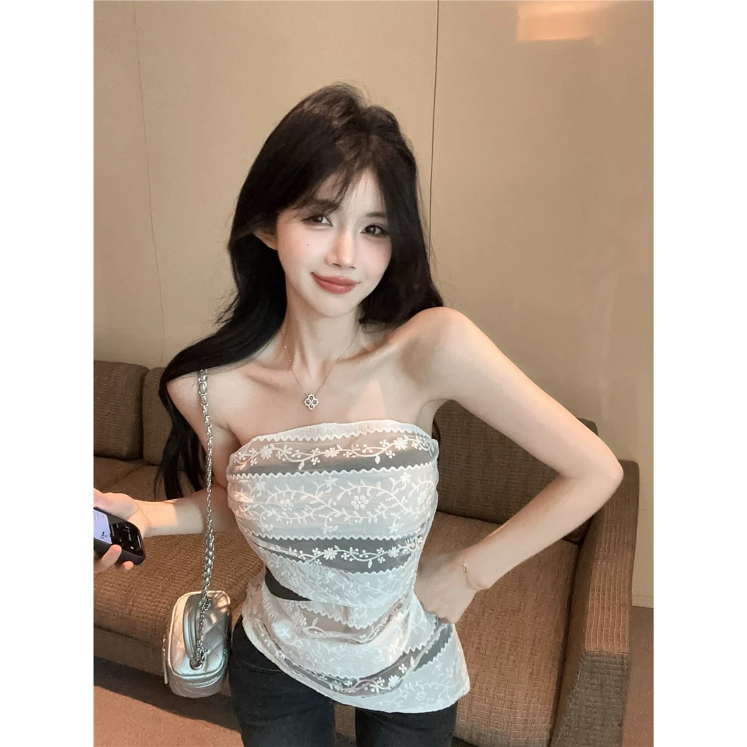 纯欲甜辣妹重工刺绣蕾丝拼接抹胸背心女夏修身不规则短款美背上衣