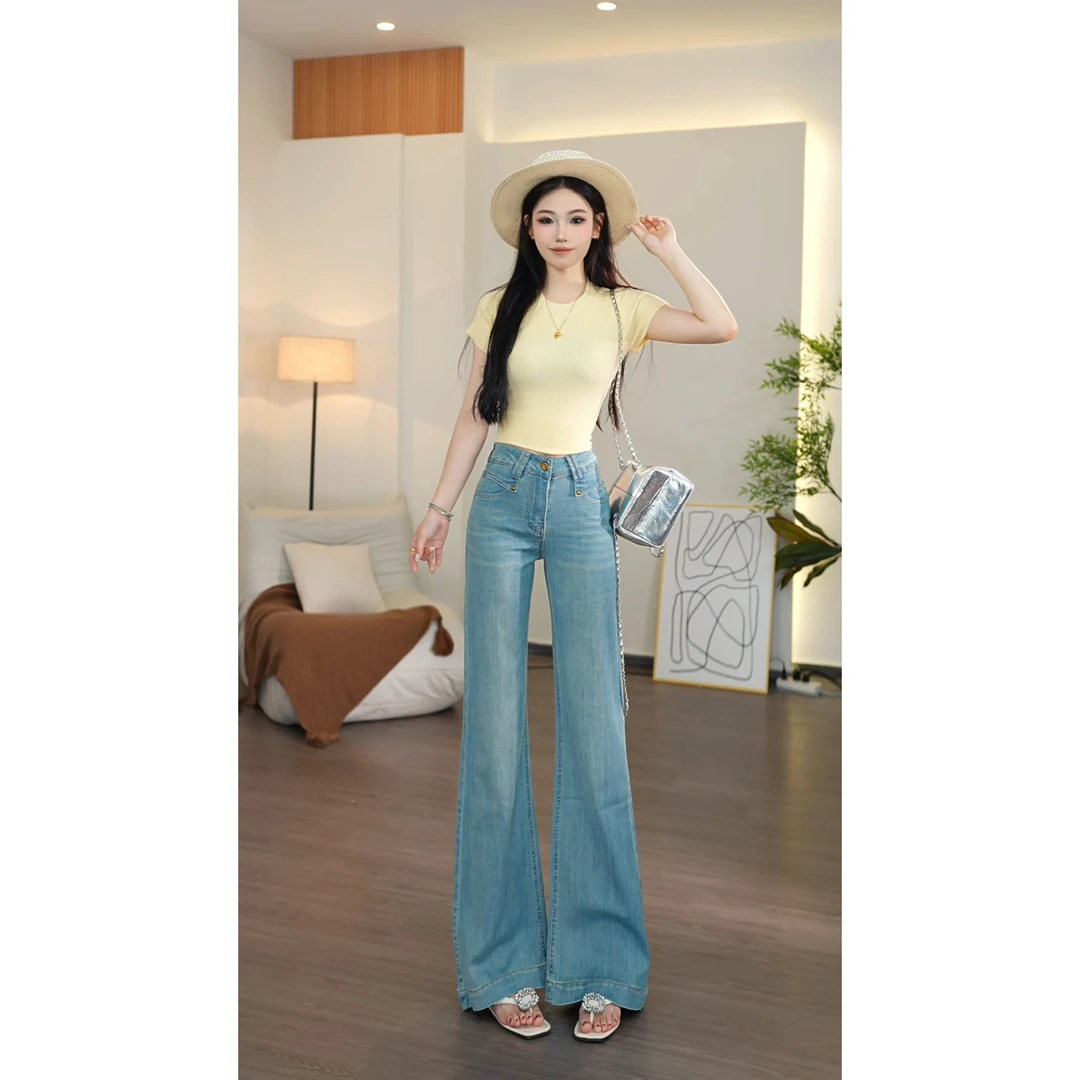 高腰浅蓝色阔腿微喇牛仔裤女夏季2025年新款宽松显瘦马蹄喇叭裤子