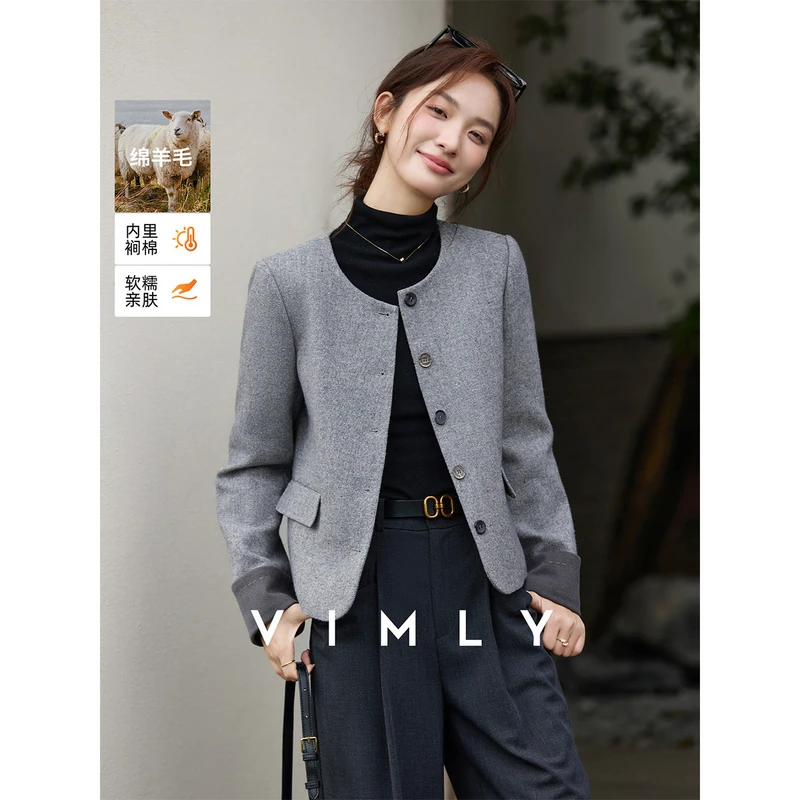 梵希蔓花灰色小香风圆领毛呢外套女冬季夹棉加厚短款上衣A3122
