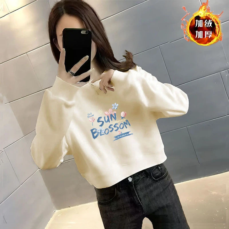 高腰短款华棉宽松外套女加绒加厚2025秋冬新款百搭小个子套头卫衣