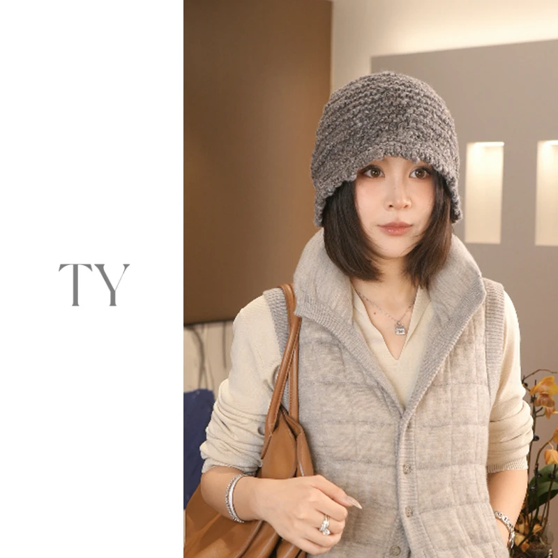 太一 秋冬手工编织钩针羊毛花纱毛茸茸渔夫帽保暖复古时尚水桶帽