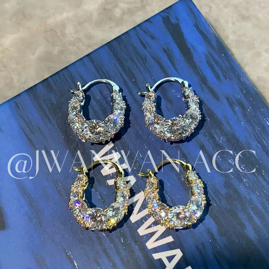 铜合金耳饰 伦敦假日.金银双色闪钻方U形百搭耳扣