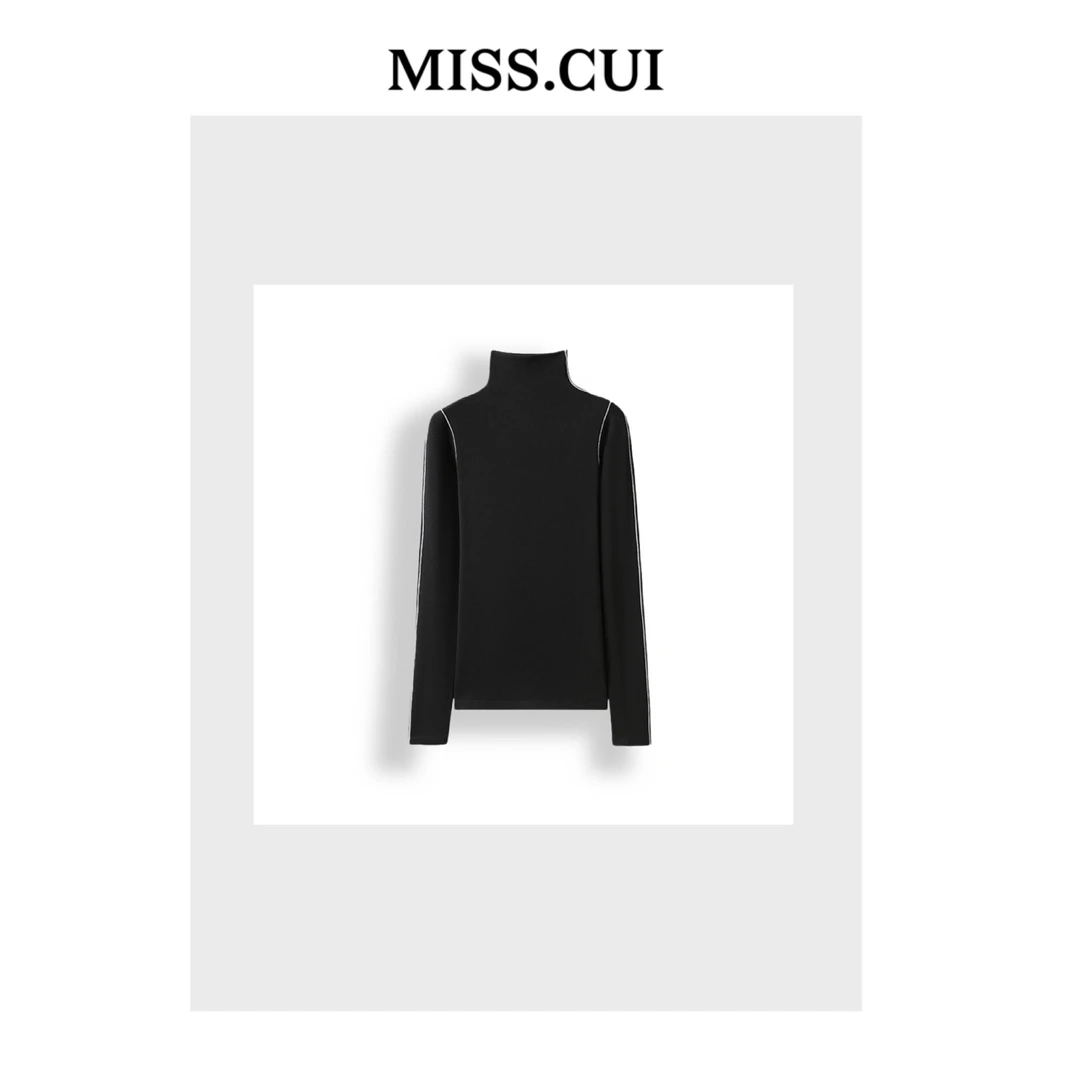 MISS.CUI 极简风穿搭 撞线高领绵羊毛莱塞尔天丝保暖打底衫H08