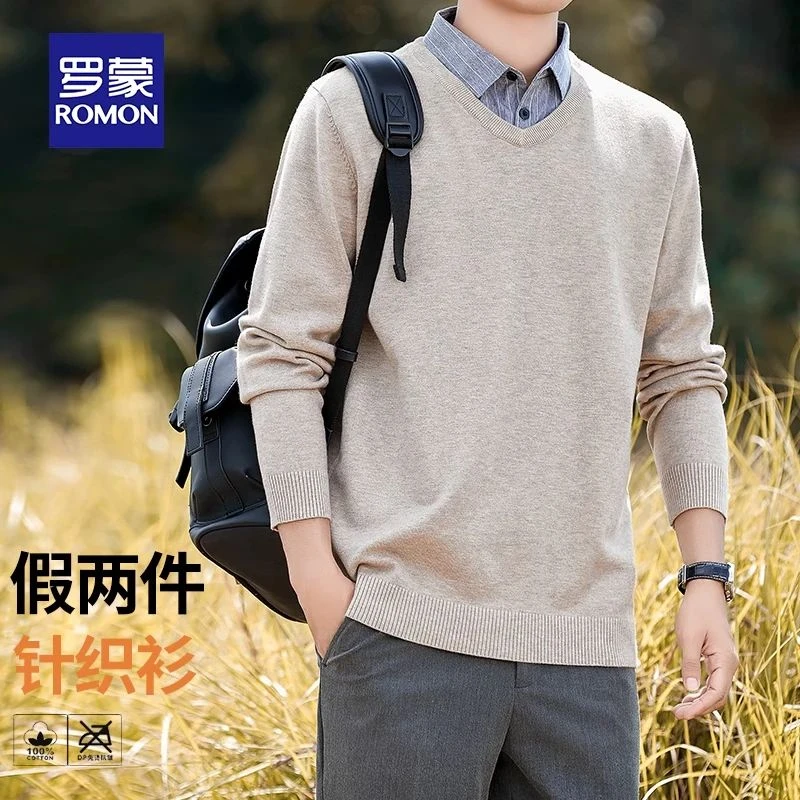 罗蒙2025新款春季假两件毛衣衬衫男士修身休闲衬衫保暖针织打底衫