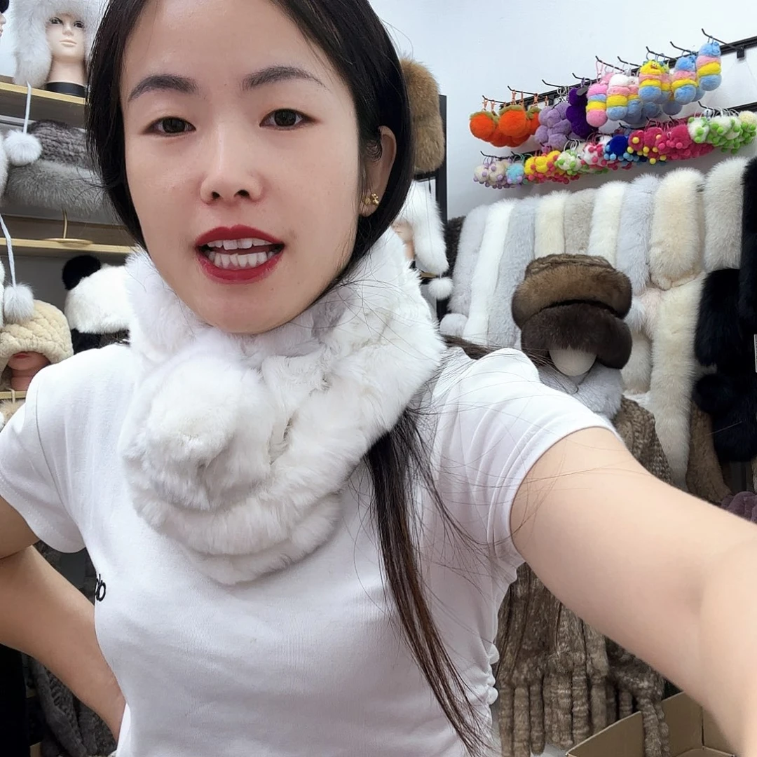 兔皮白双色兔毛围巾微瑕