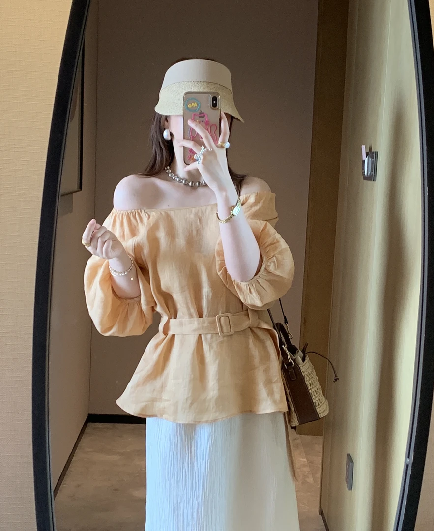 休闲气质纯色高腰一字领 系带收腰显瘦百搭春夏季泡泡袖上衣