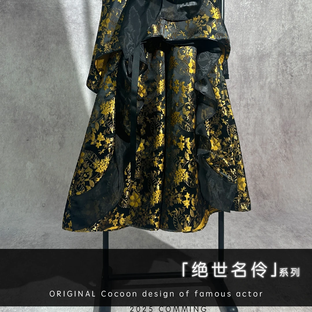 【25年春季新款】BF32906黄色满花刺绣拼接水波纹刺绣水光丝阔腿裤