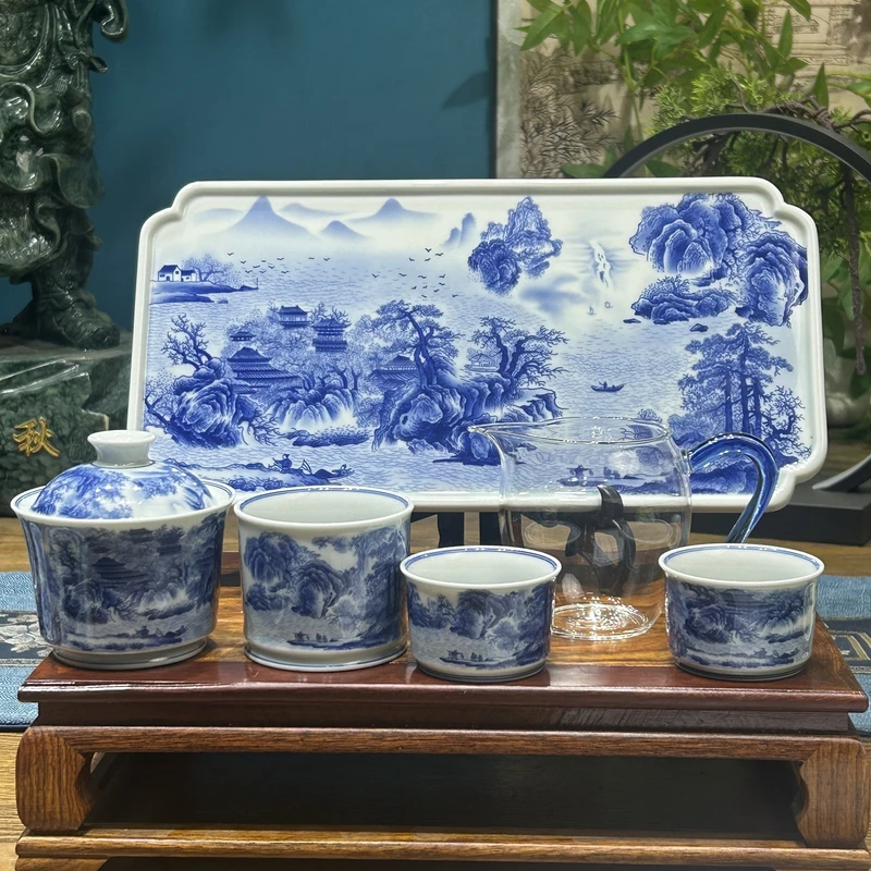 当代 景德镇陶瓷青花山水春山图茶盘6件套组茶具中式家用高端功夫