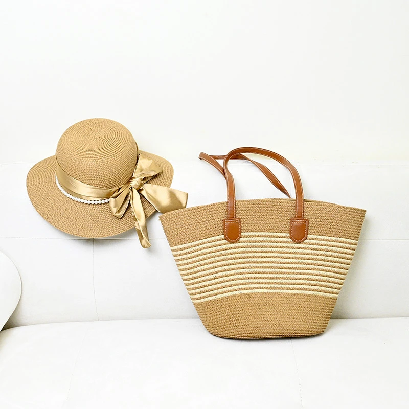 Y1678新款草编条纹沙滩包包蝴蝶结珍珠帽组合