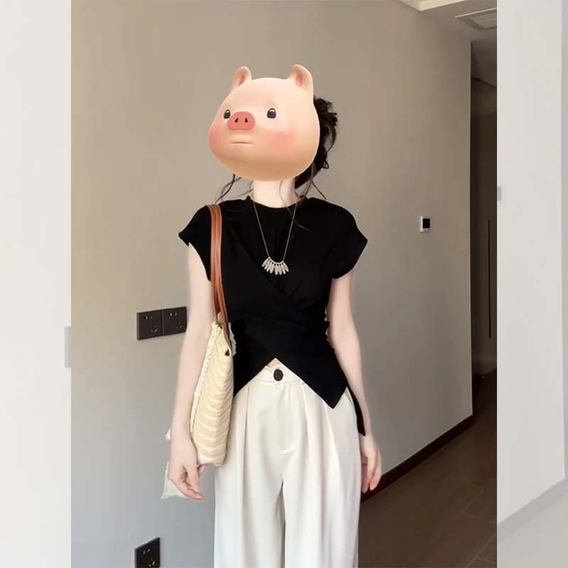 梦优莱法式别致黑色小飞袖短袖T恤女夏季新款下摆不规则开叉商业