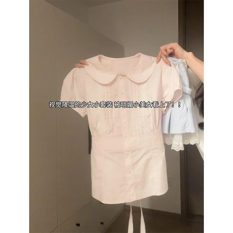 夏季独特绝美正肩娃娃领绑带衬衫女设计感高腰花边百褶短裙两件套