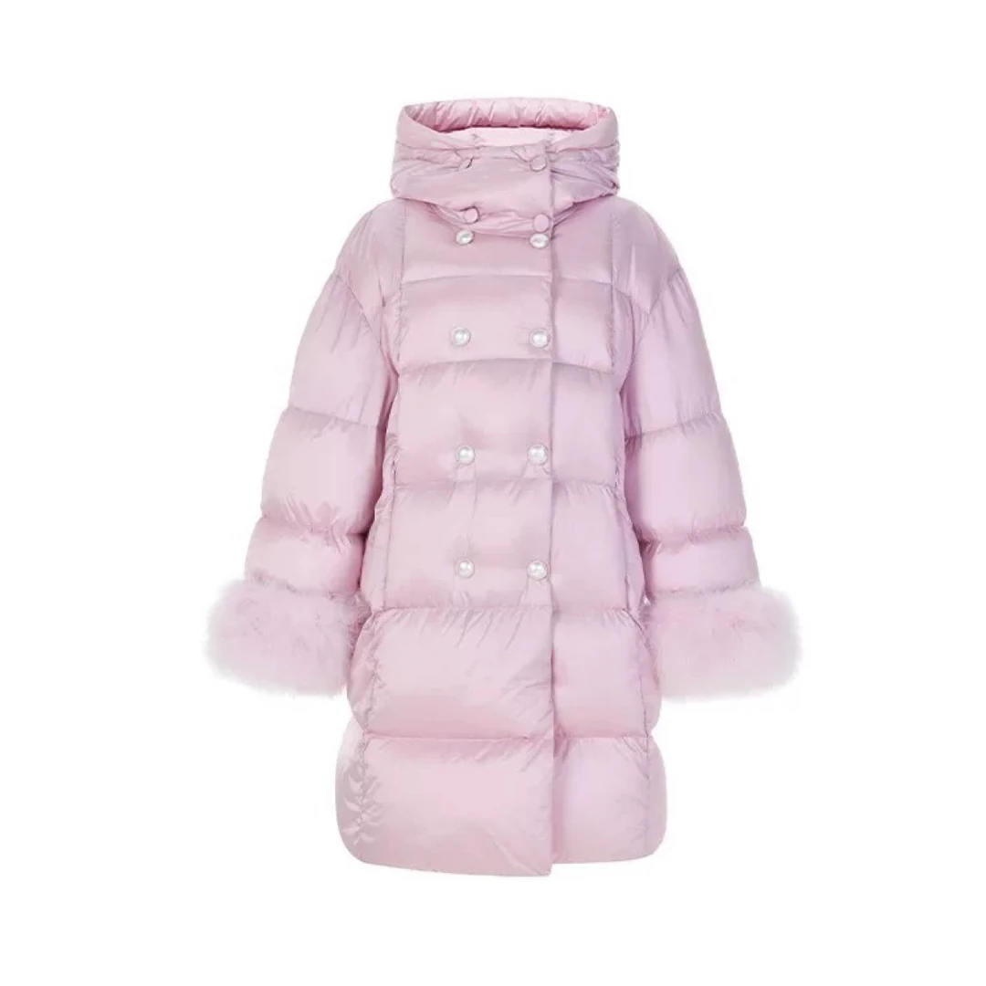 LeFame/拉飞姆冬摩登浪漫茧型羽绒服中长款女米白色FF24D31DC369