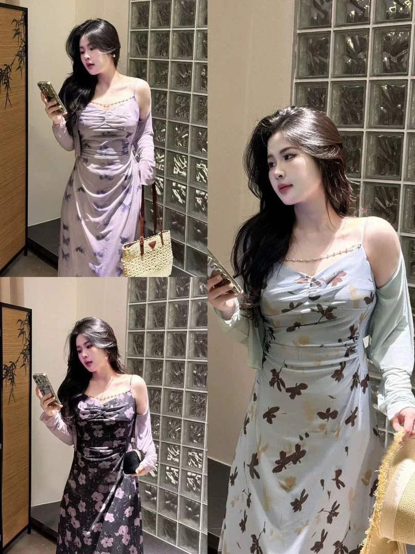 元元子专属清冷系水墨蝴蝶新中式褶皱收腰碎花吊带连衣裙两件套