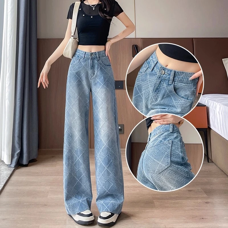 蓝色提花阔腿牛仔裤女夏季薄款2025新款高腰宽松设计感窄版直筒裤