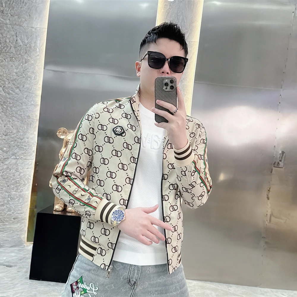 赫柏纪逸秋季潮牌印花夹克男时尚修身帅气时尚薄款立领外套休闲