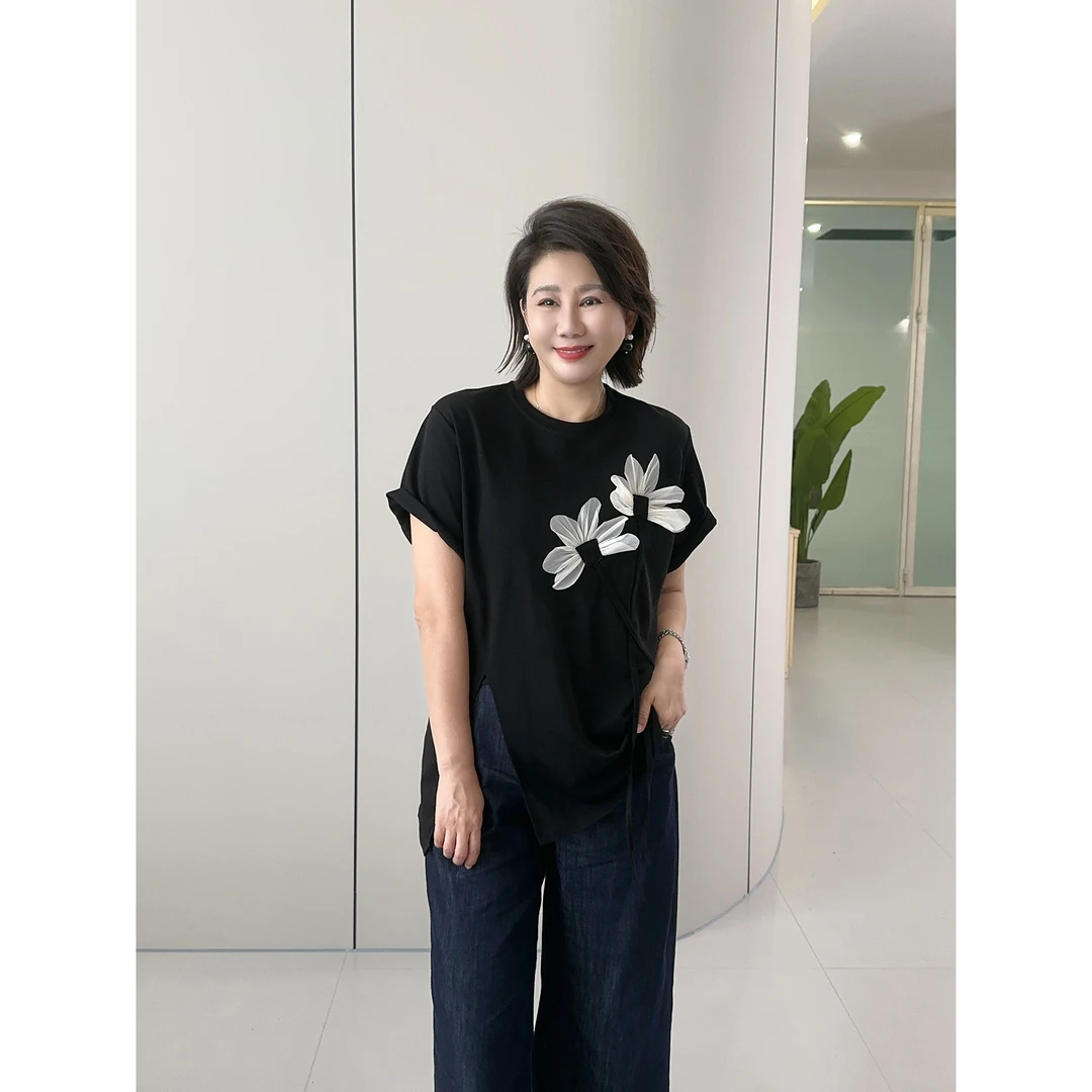 微胖女装【海棠花未眠】开叉立体花朵短袖T恤时尚宽松休闲上衣20758