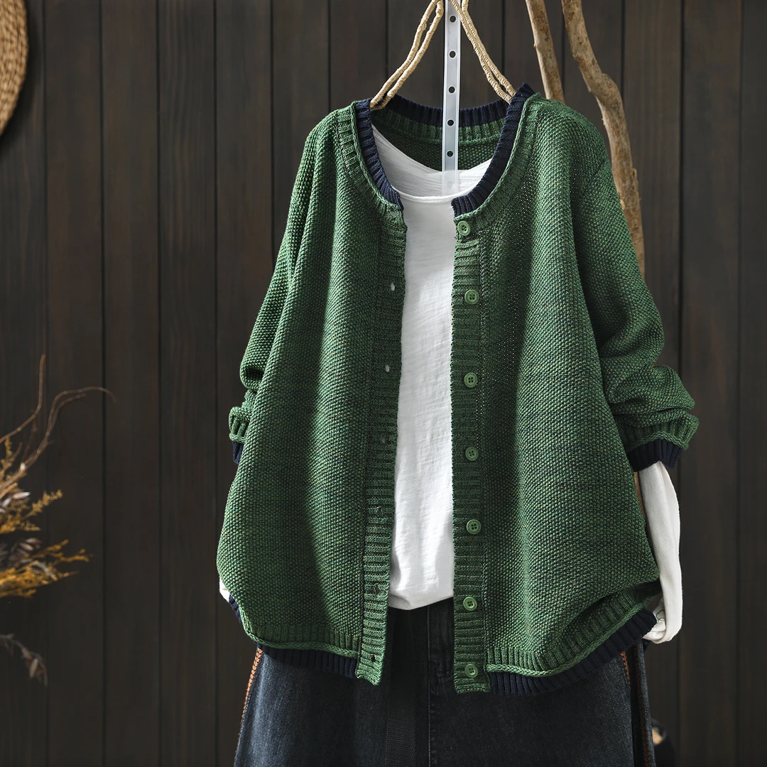 针织衫女款上衣春季2026新款绿色棉线复古宽松外穿设计感毛衣开衫