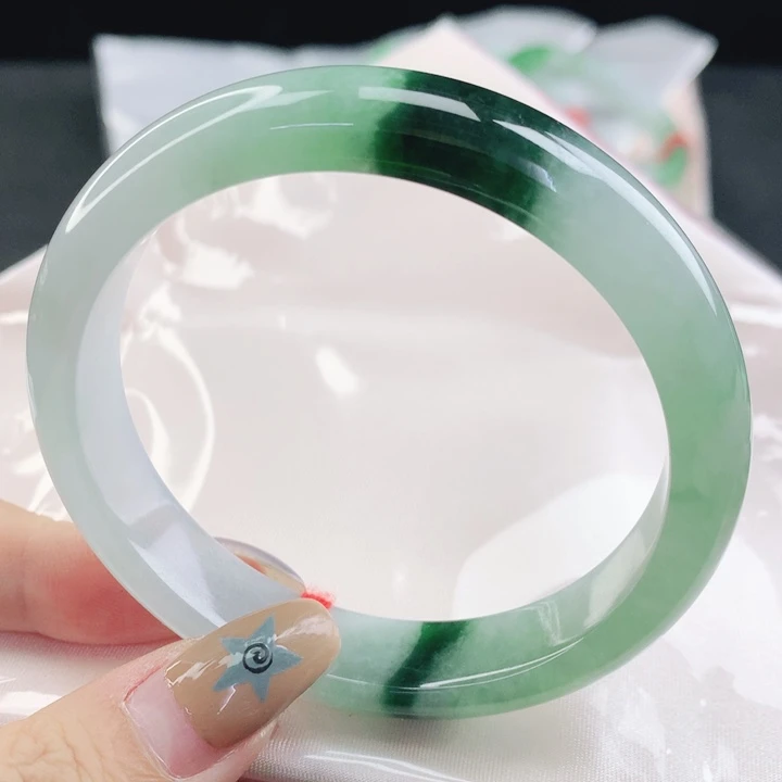 翡翠未镶嵌手镯缅甸58.5冰润飘深花正圈