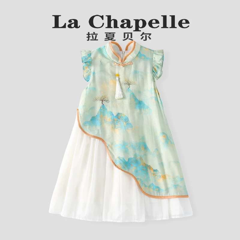拉夏贝尔女童洋气旗袍古风裙子复古国风中式时尚夏季款大童连衣裙