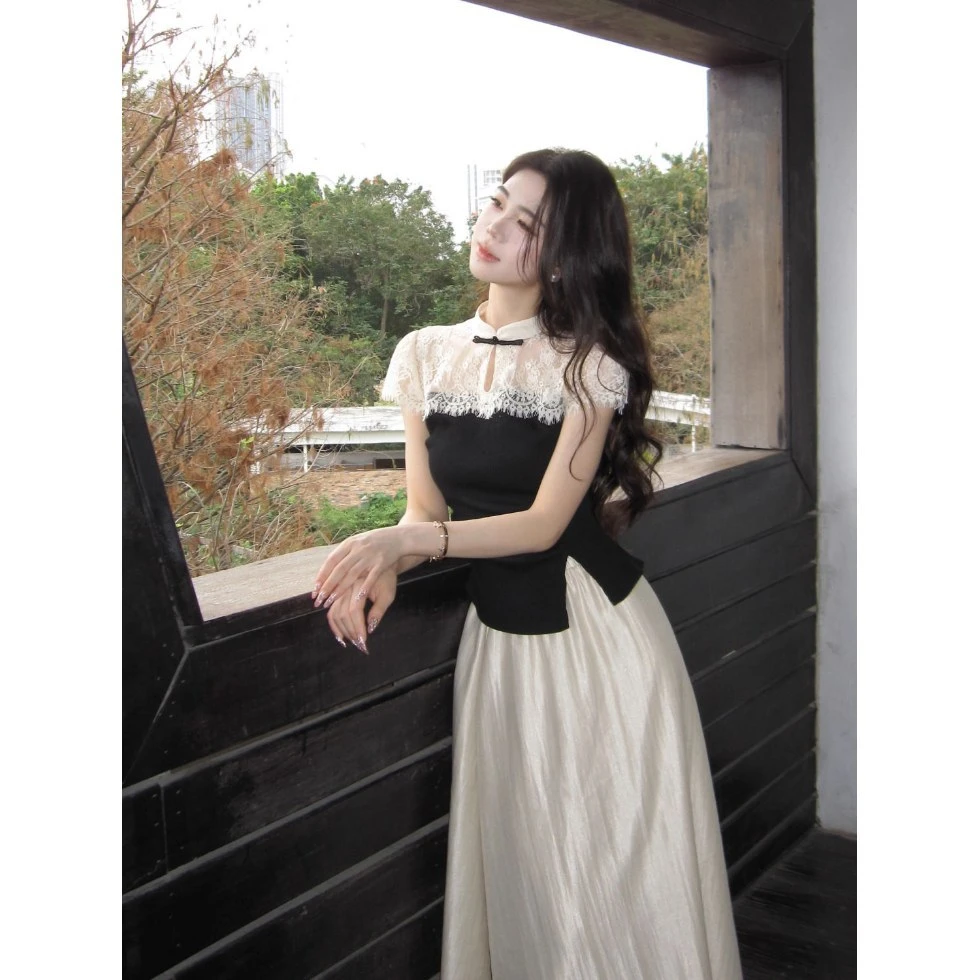 【枯木逢春】新中式蕾丝气质夏季2025新款短袖上衣休闲A字裙套装