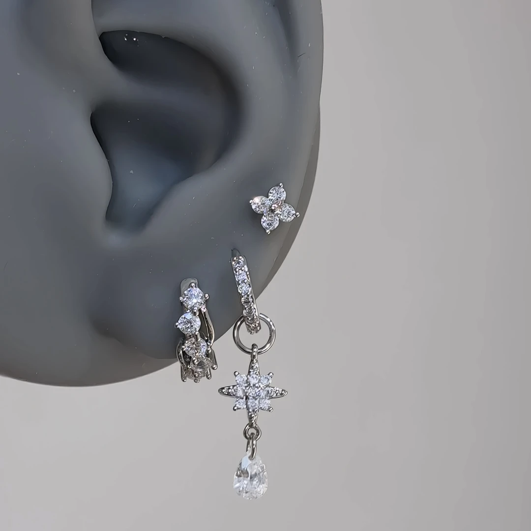 铜合金合成锆石耳饰 六芒星水滴耳扣 甜美百搭氛围感耳钉耳骨钉