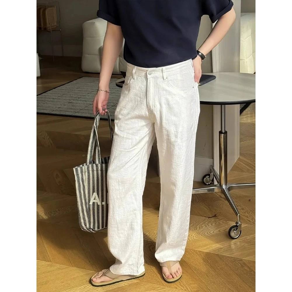 老钱风亚麻裤子男夏季薄款松弛感棉麻垂感阔腿裤高级感直筒弯刀裤