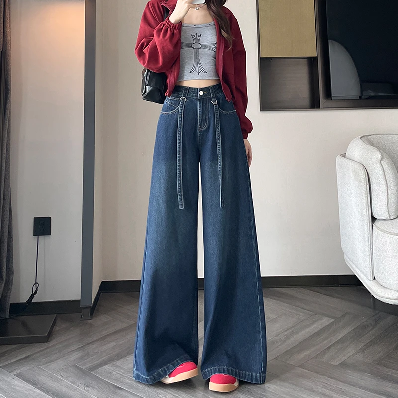 复古宽松大脚阔腿牛仔裤女2025秋季新款超火松弛风遮肉拖地裙裤子