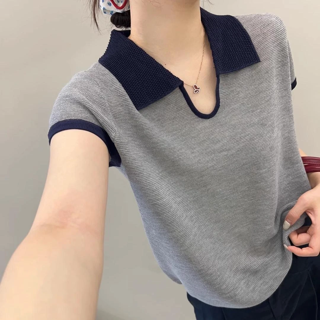 上衣【燕子家女装】韩版女冰丝POLO领针织显瘦百搭短袖夏季薄款