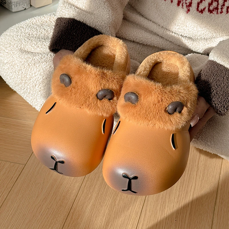防水棉拖鞋女冬季卡通可爱卡皮巴拉室内居家防滑保暖加绒毛毛拖鞋